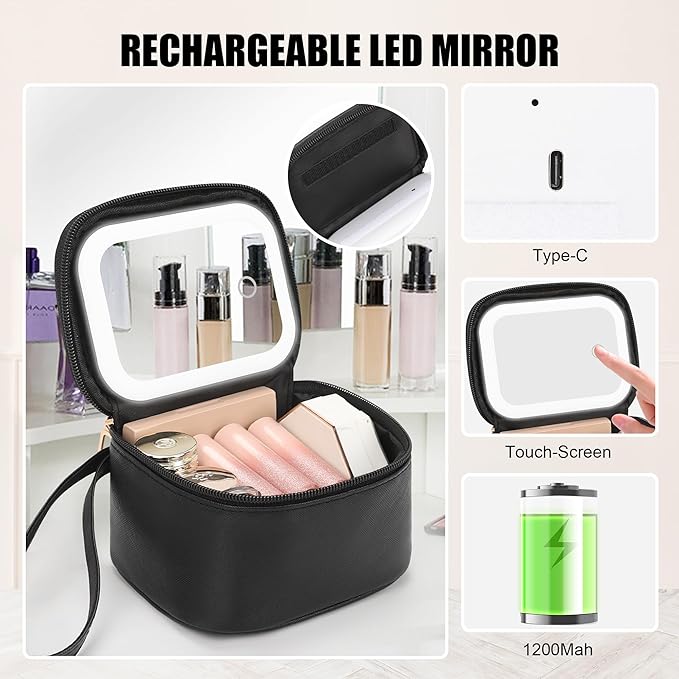 Relavel Mini Makeup Bag with Led Mirror, Small Cosmetic Bag with 3 Light Modes, Rechargeable Portable Makeup Pouch with Hands-Free Wrist Strap for Pool Parties丨Work Touch-Ups丨Travel - Black