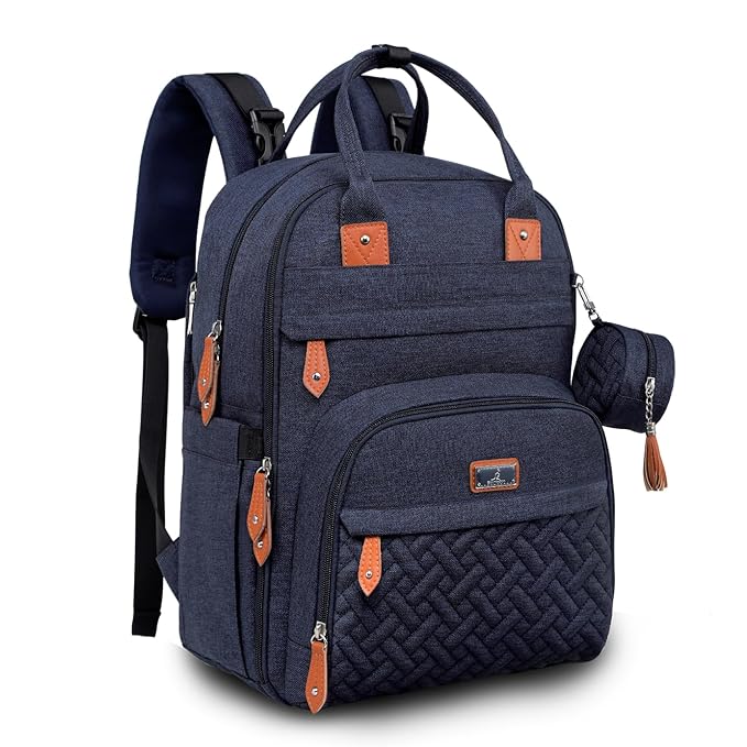 BabbleRoo Diaper Bag Backpack - Baby Essentials Travel Tote - Multi Function Water Resistant Diaper Bag, Travel Essentials Baby Bag with Changing Pad, Stroller Straps & Pacifier Case - Navy Blue