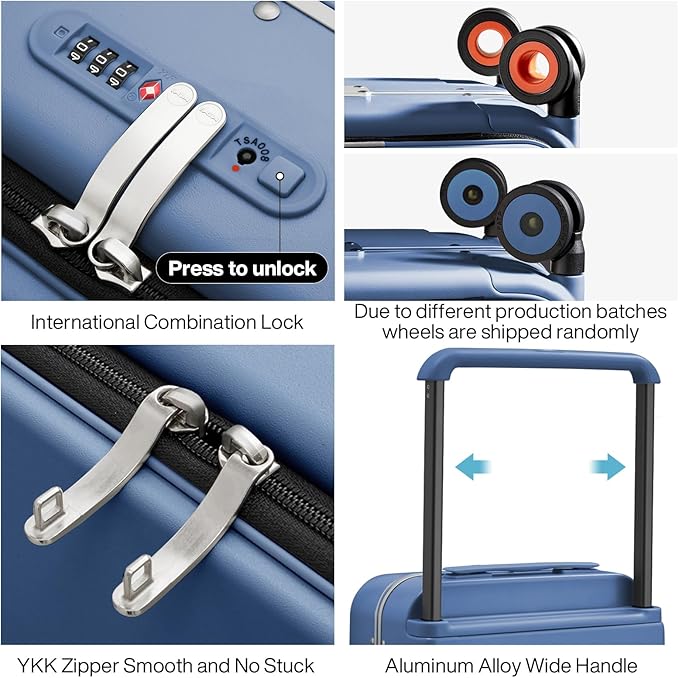 mixi Carry On Luggage Wide Handle Luxury Design Rolling Travel Suitcase PC Hardside with Aluminum Frame Hollow Spinner Wheels, with Cover, 20 inch, Sapphire Blue