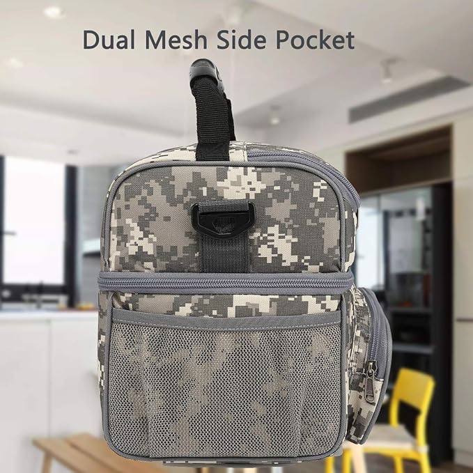 FlowFly Double Layer Cooler Insulated Lunch Bag Adult Lunch Box Large Tote Bag for Men, Women, With Adjustable Strap,Front Pocket and Dual Large Mesh Side Pockets