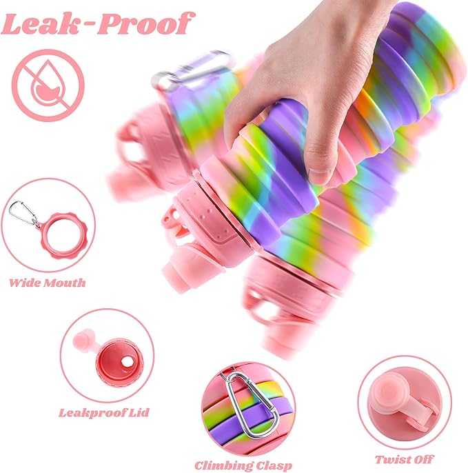 Collapsible Water Bottle for Adults, Boys, Students, Kids, Reusable Silicone Foldable Water Bottles for Travel Camping Hiking Sports,Leak-Proof Portable Sports Water Bottle (Pink & Blue)
