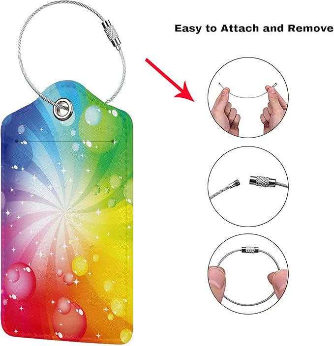 Pretty Colorful Rainbow Luggage Tags for Suitcases Women Girls Kids Adults, 2 Pack Leather Tags for Baggage Travel Backpack Bag, Identifiers Labels with Privacy Cover Name ID Card Stainless Steel Loop