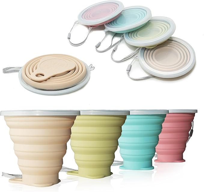 IYYI Silicone Collapsible Travel Cup, 9.22oz Folding Camping Cup with Lid, Expandable Drinking Cup Set, Portable Coffee Cup (Dark Gray-Lighr Gray-Yellow-Green, S-4)