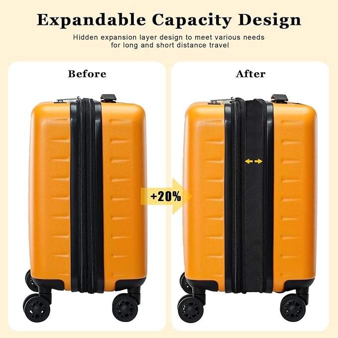 16 Inch Carry On Luggage Airline Approved, Expandable Lightweight ABS+PC Hard Shell Suitcases with 360° Spinner Wheels, TSA Lock, YKK Zippers (Orange, 1 PC)