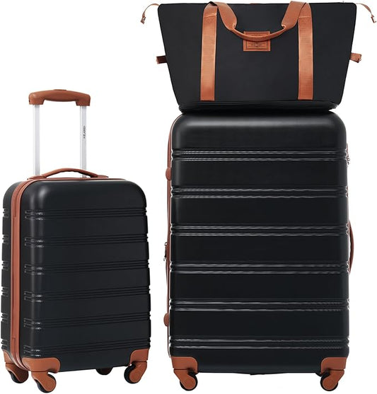 Merax Luggage sets of 3 Piece 20 28 IN Carry on Luggage Hard Case Black and Brown Luggage Expandable Checked Luggage Suitcase Set with Wheels