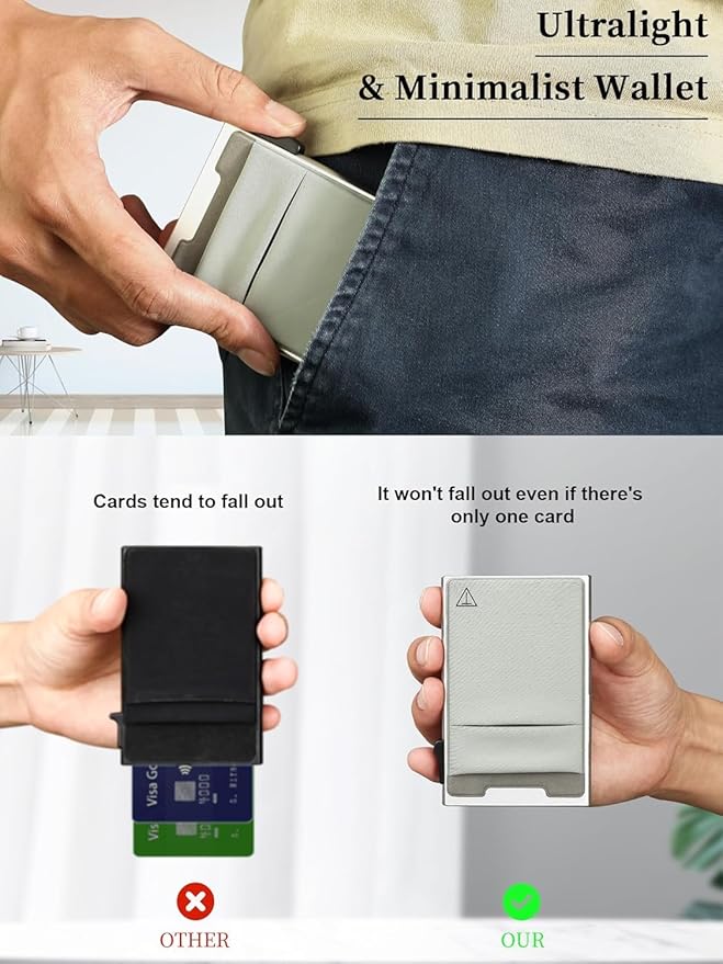 Slim Wallet for Men and Women,Pop Up Credit Card Wallet Metal Minimalist Cards Holder with Money Pocket,Small Ultralight Aluminum RFID Blocking Wallets 6-12 Card Capacity,Silver