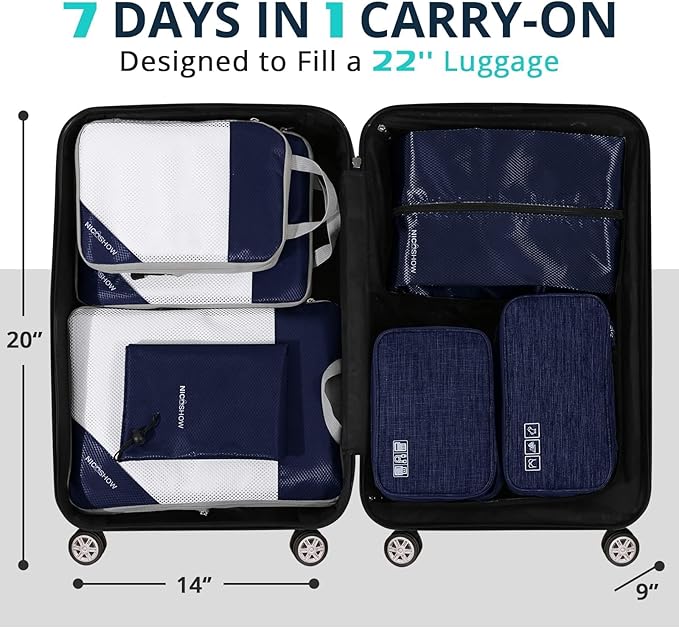 7 Set Compression Packing Cubes for Travel - Compressible, Lightweight, and Space-Saving Packing Cubes, Travel Essentials for Women, Navy