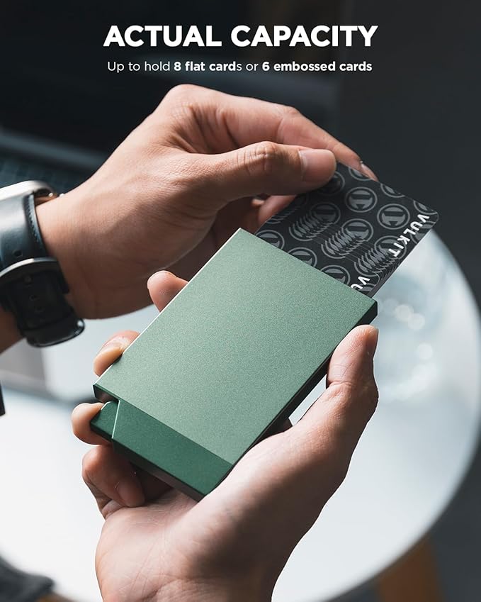 VULKIT Pop up Card Holder Minimalist Credit Card Holder RFID Blocking Slim Metal Card Case for Men or Women(Midnight Green)