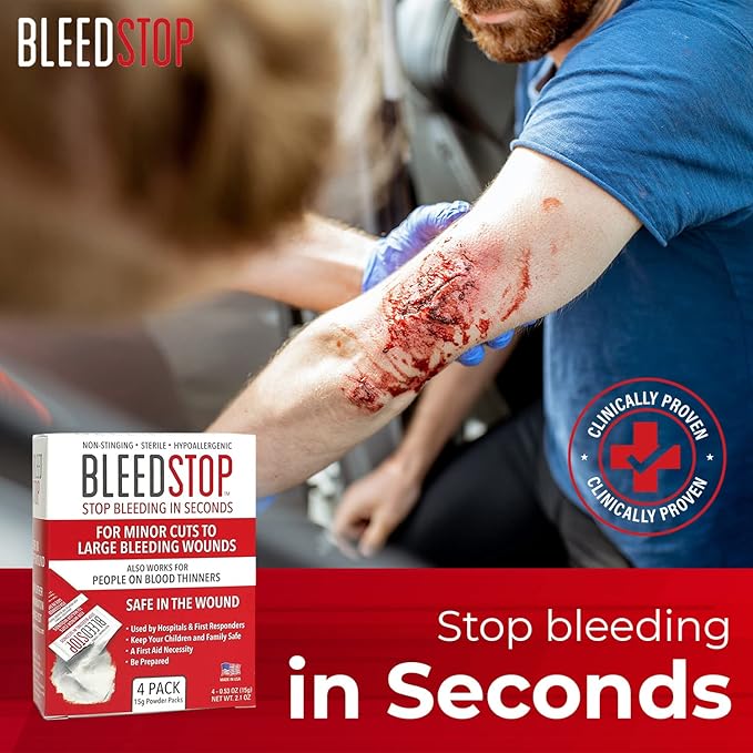 BleedStop First Aid Powder for Blood Clotting, Trauma Kit, Blood Thinner Patients, Camping Safety, and Survival Equipment for Moderate to Severe Bleeding Wounds or Nosebleeds 150 Gram