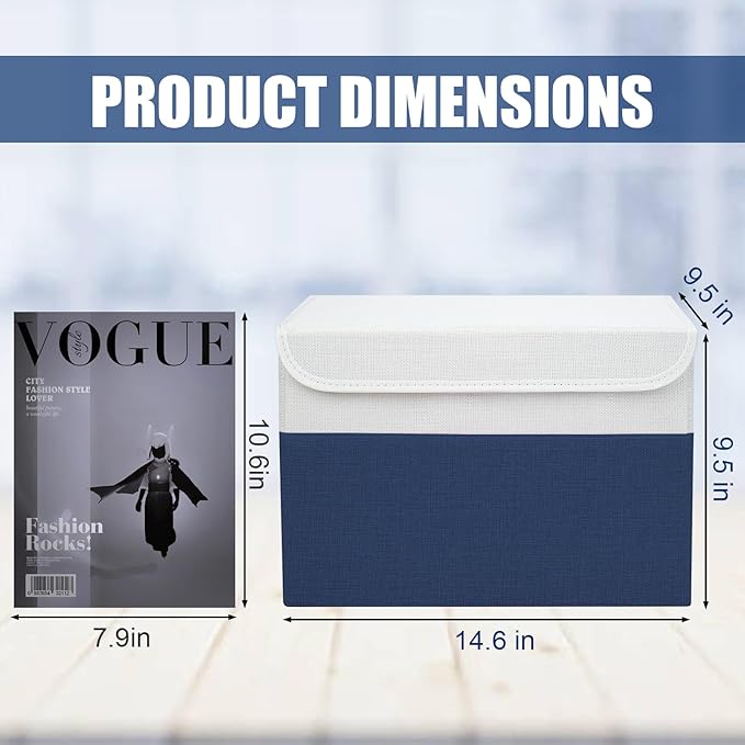 Large 22 Quart Linen Fabric Foldable Storage Bin Cube Organizer Basket with Flip-Top Lid & Handles, Clothes Blanket Box for Home, Office, Closet, Navy Blue & White, 4 Pack 14.6 x 9.5 x 9.5