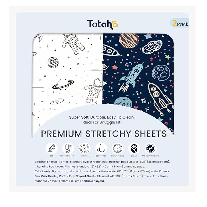 TotAha Premium Stretchy Space Crib Sheets (2-Pack)-Hypoallergenic, Silky Comfort, Buttery Soft, Calming Effect, All-Season Jersey-Knit Sheets, 9'' Extra Deep Pocket