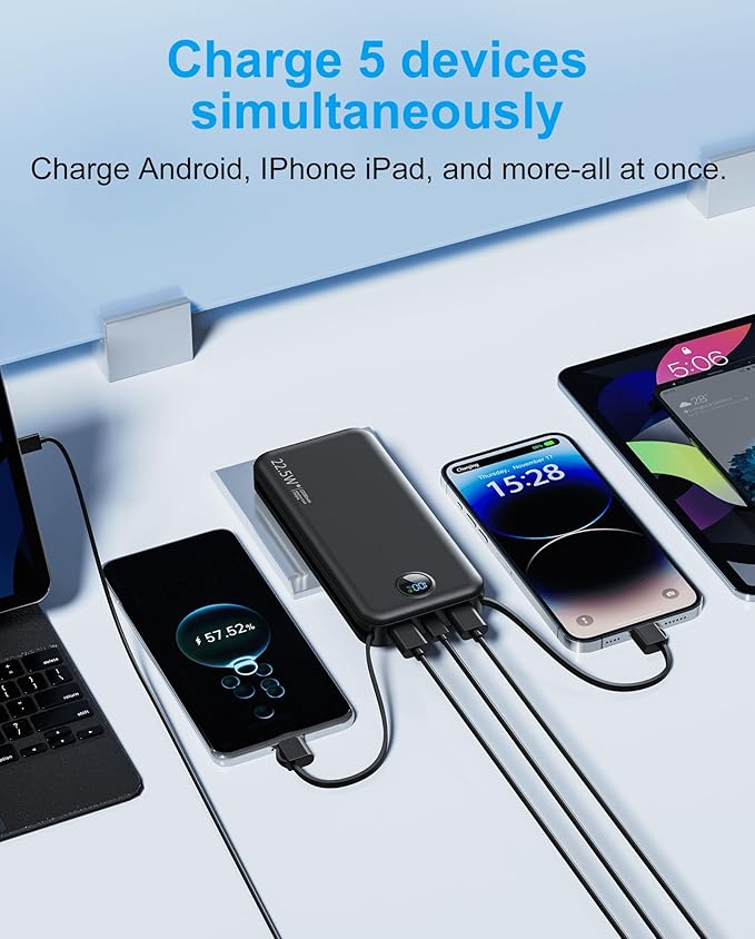 Portable Charger, 12000mAh 22.5W Type C Fast Charging Power Bank with Built-in Cables & Wall Plug, External Battery Bank with LED Display, Travel Essential Battery Pack for iPhone, iPad, Samsung Black