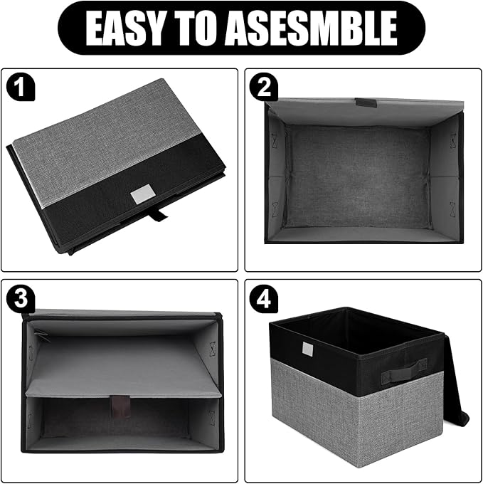 Large 22 Quart Linen Fabric Foldable Storage Bin Cube Organizer Basket with Flip-Top Lid & Handles, Clothes Blanket Box for Home, Office, Closet, Black & Gray, 4 Pack 14.6 x 9.5 x 9.5