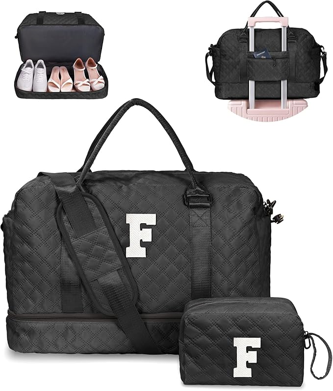 Gifts for Teen Girls-Initial Duffle Bag with Shoe Compartment, Personalized Weekender Bag, Monogram Overnight Bag, Letter Travel Bag with Makeup Bag，Personalized Gifts (Letter F)