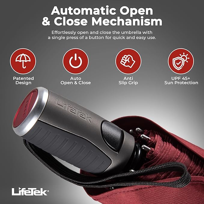LifeTek Premium Travel Umbrella - Windproof & Compact for Men & Women, Automatic Open Close, Fits in Purse Laptop Bag or Backpack, Strong Frame for Heavy Rain & Sun UV Protection