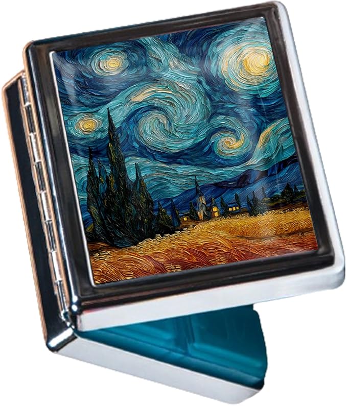 8‑Compartment Metal Pill Box Organizer – Portable Medicine Case 3″×2.6″ | Food‑Grade Dividers | Secure Snap Button Lid | Travel & Gift for Seniors (Starry Swirl in Wheatfield)