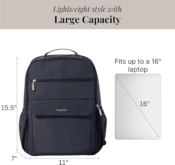 Baggallini Everyday Laptop Backpack - 11x15.5 Lightweight Water-Repellent Nylon Travel Bag w/Padded Laptop Sleeve & RFID