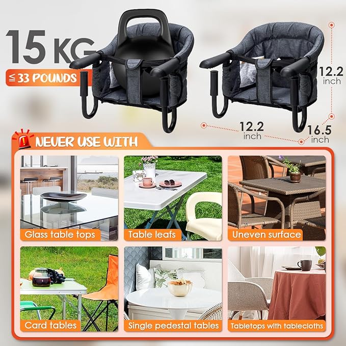 Hook On High Chair - Portable & Foldable for Babies 6-36 Months, Family & Travel Use with Carry Bag (Grey)
