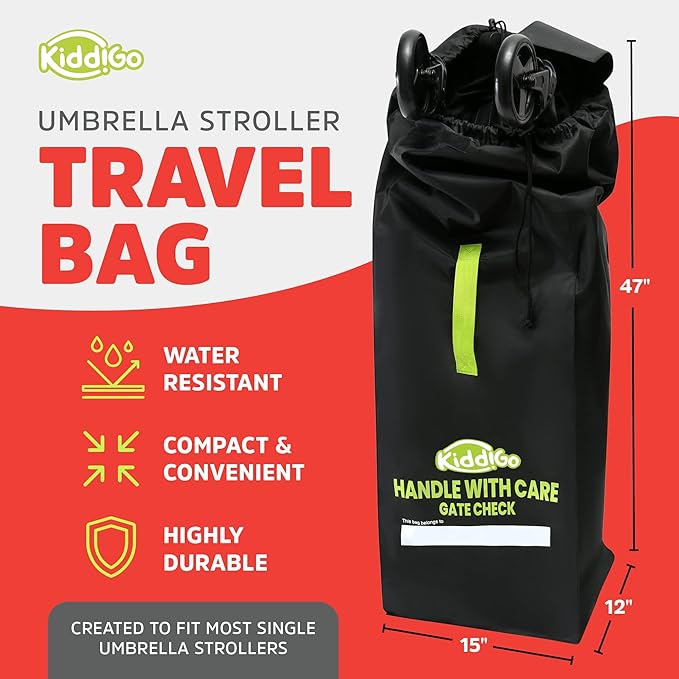 KiddiGo Umbrella Stroller Bag for Airplane Travel, Black and Green, 47" H x 15" W x 12" D, Fits Most Standard Umbrella Strollers, Gate Check Stroller Cover, Water-Resistant, Durable, Easy Carry Design