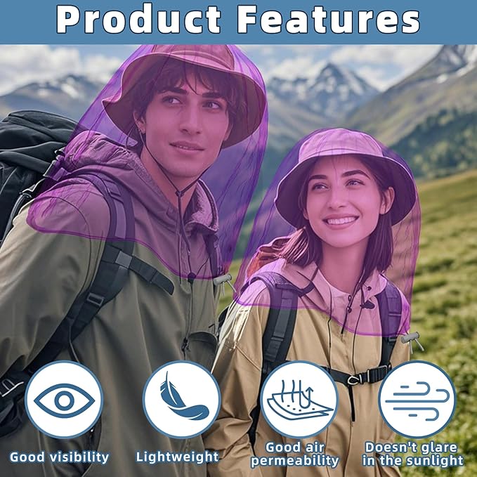 Oversized Mosquito Net 42 x 25 Inches Ultra Large Mosquito Head Net Face Neck Fly Mesh Netting Fits All Hats for Outdoor Camping Hiking Fishing Gardening Safari(Purple)