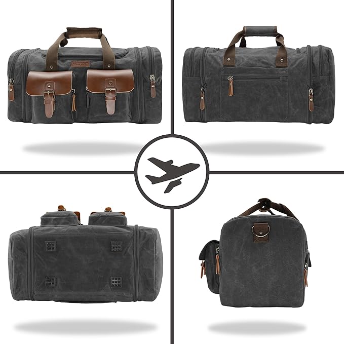 Wildroad 60L Travel Duffel Bag, Expandable Waxed Canvas Genuine Leather Duffle Bag Upgraded Overnight Weekender Bag Carry on Bag (Vintage Black, X Large-60L)