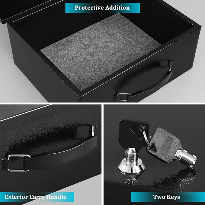 Dalmbox Portable Metal Safe Box with Key Lock - Fire Resistant Storage for Documents, Car, Home and Outside - X Large 13.2"x 11"x 5.1" Black Box