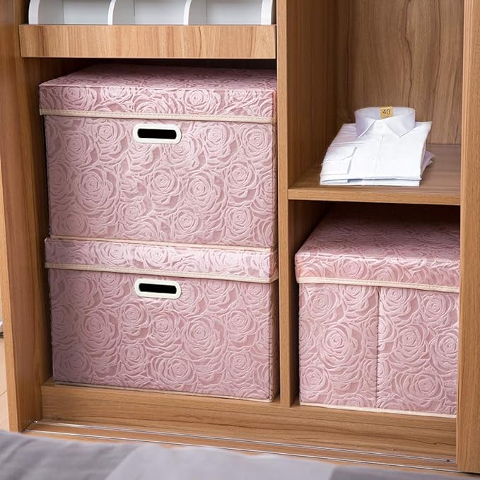 PRANDOM Large Foldable Storage Boxes with Lids [5-Pack] Fabric Decorative Storage Bin Cubes Organizer Containers Baskets with Cover Handles for Bedroom Closet Nursery Pink 17.7x11.8x11.8 Inch