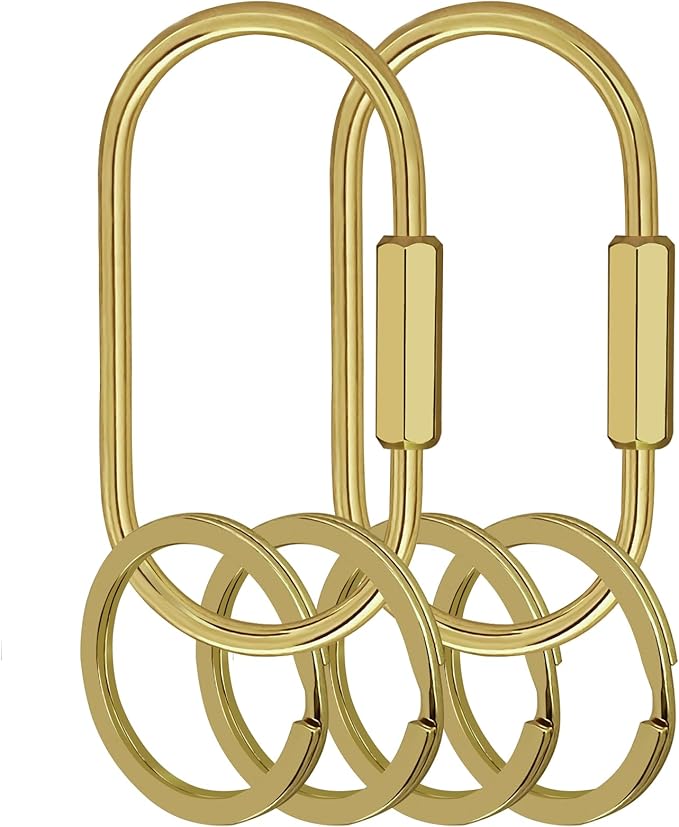 Key Chain, Brass Key Rings 2 Pack Screw Lock Key Organizer with 4 Rings Carabiner Keychain Clip for Men and Women