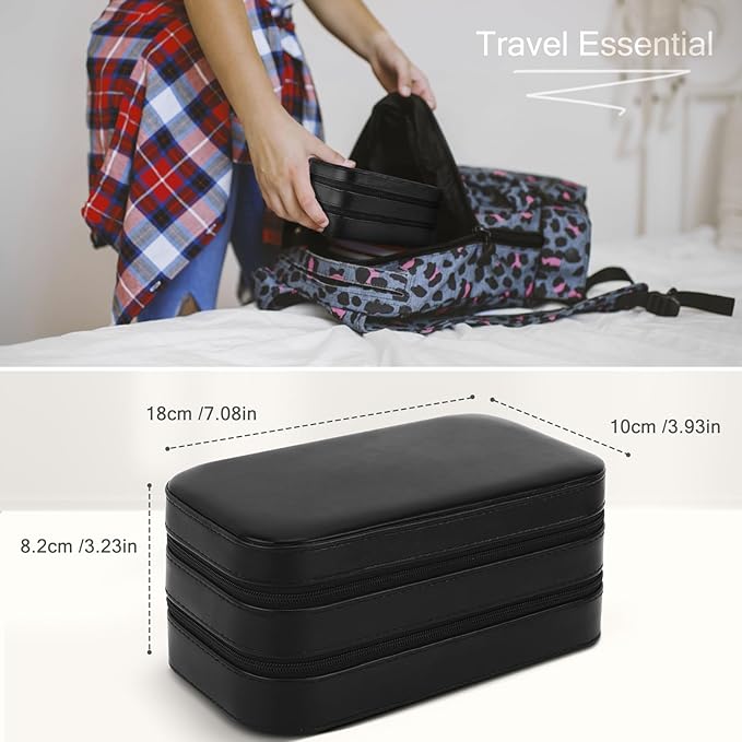 DesignSter Small Travel Jewelry Box with Double Zipper, 2 Layers PU Portable Jewelry Case for Women and Girls,Travel Jewelry Organizer for Rings, Earrings, Necklaces, Bracelets,Black