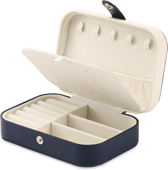 Travel Jewelry Box, PU leather Small Jewelry Organizer For Female Girls, double layer portable mini travel case for storing earrings, rings, necklaces.(dark blue)