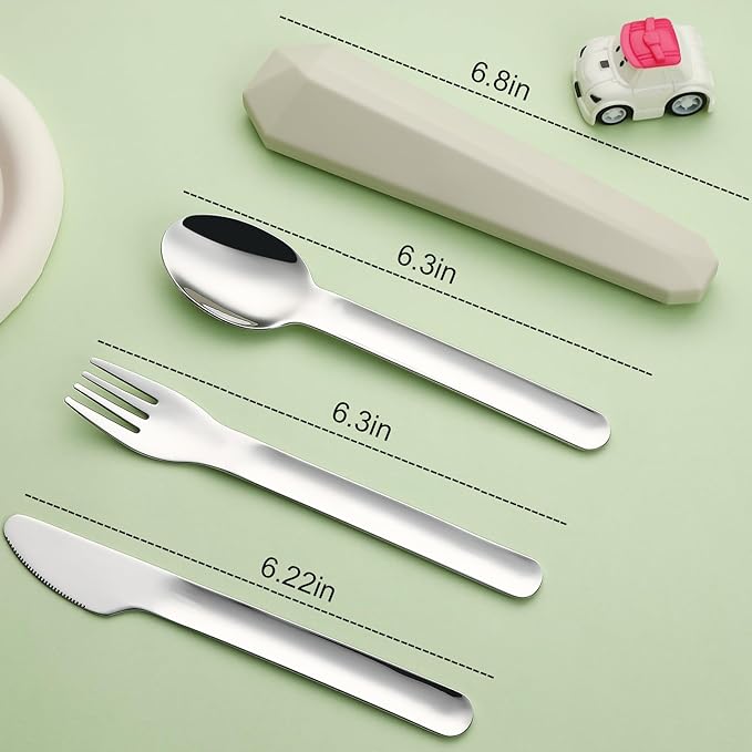 DEVICO Travel Utensils with Case, Reusable Camping Silverware Cutlery, 18/8 Stainless Steel Portable Fork Spoon Knife Set for Lunch Picnic School Workplace (Khaki)