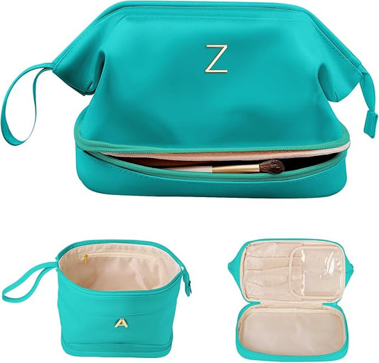 Teen Girl Gift Ideas, Birthday Gift for Her, Makeup Bags, Waterproof Double Layer Cosmetic Bag, Large Capacity PU Leather Makeup Bags Letter Travel Toiletry Bag, Initial Gifts for Coworkers