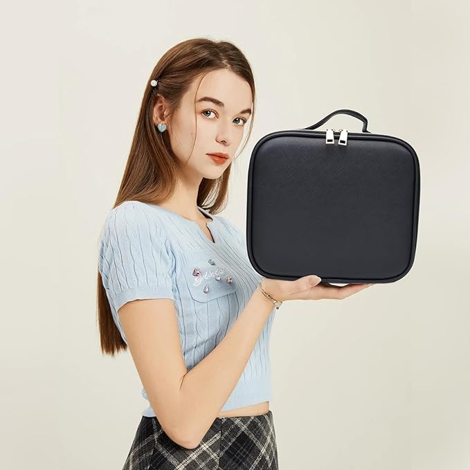 Travel Makeup Bag with LED Lighted Mirror, Travel Makeup Organizer,3 Color Setting Cosmetic Makeup Box, Adjustable Dividers and Brush Holder（black）