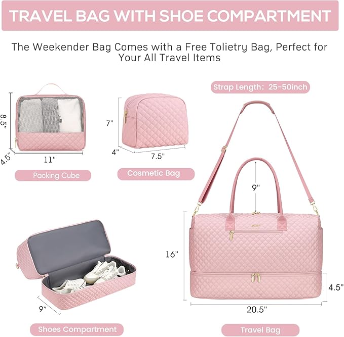 Travel Duffle Bag for Women Weekender Overnight Bag with Shoe Compartment with Gym with Wet Pocket for Labor and Delivery 3 Pcs Set Pink