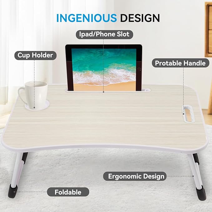 BUYIFY Folding Lap Desk, 23 Inch Portable Wood White Oak Laptop Bed Desk Lap Desk with Cup Holder, for Working Reading Writing, Eating, Watching Movies for Bed Sofa Couch Floor
