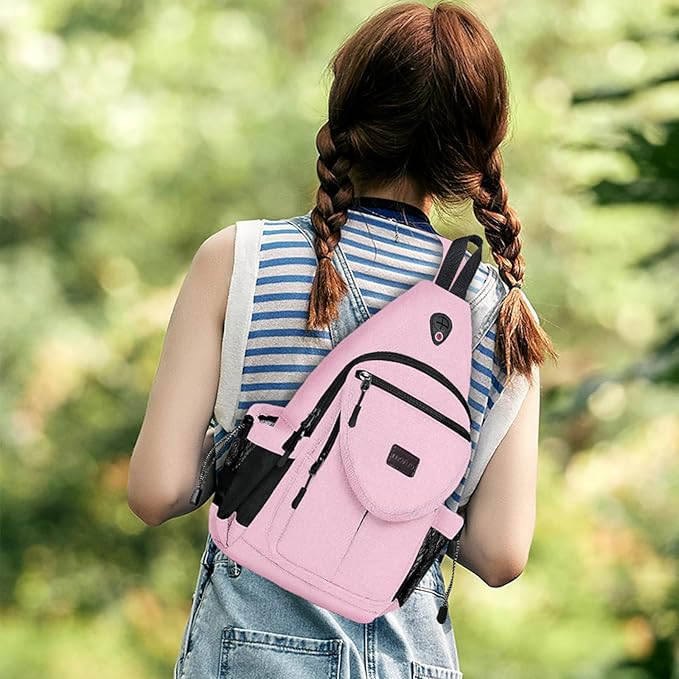 MOSISO Sling Backpack,Canvas Crossbody Hiking Daypack Bag with Anti-theft Pocket, Pink