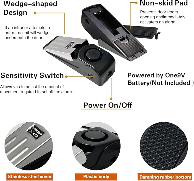 2 Pack Portable Door Stop Alarm, Door Stopper with 120db Loud Security Alarm, Travel Door, Doorstops Wedge Sensors Security Devices for Traveling Apartment Hotel and Home (Black)
