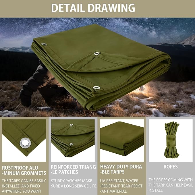 FoundGo Canvas Tarp 8'*10' Heavy Duty Waterproof Tarps with Grommets, UV Resistant, 22 Mil Tarpaulin,14 oz Durable Cloth Covers for Car, Roof, Boat, Camp, Canopy, Woodpile with Ropes.8'*10'