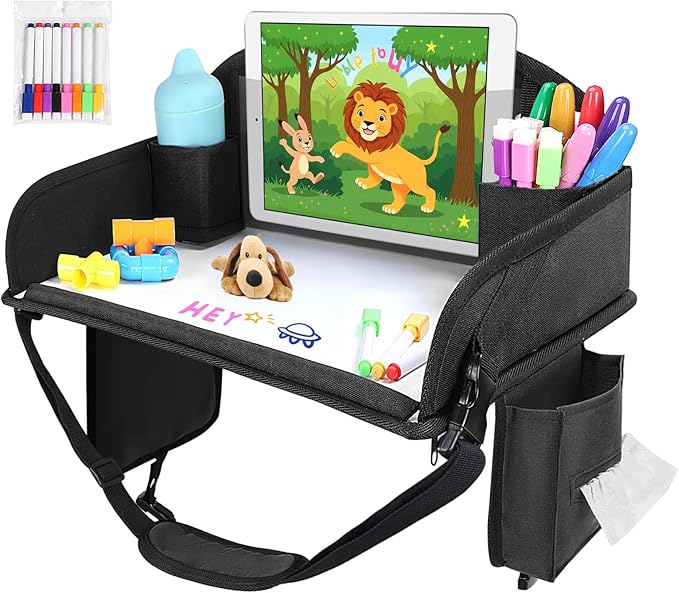 Kids Travel Tray for Car Seat, Toddler Road Trip Essentials With Drawing Kit, Travel Activities Must Haves (Black)
