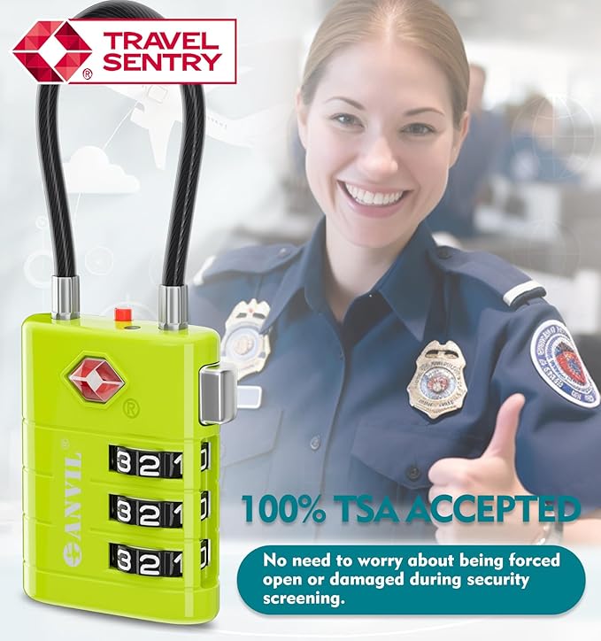 ANVIL TSA Approved Luggage Locks – High Security TSA008 Combination Travel Locks with Inspection Indicator for Suitcases and Backpacks. (3, Grass Green)