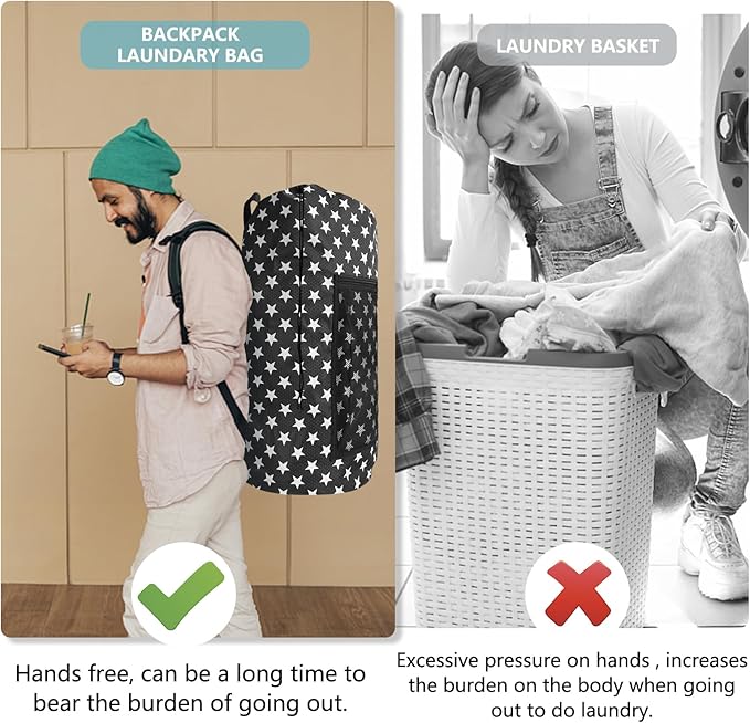 Portable Laundry Bag Backpack with Adjustable Straps & Mesh Pocket - Drawstring Closure for College, Apartment, Camping (Star Shape)