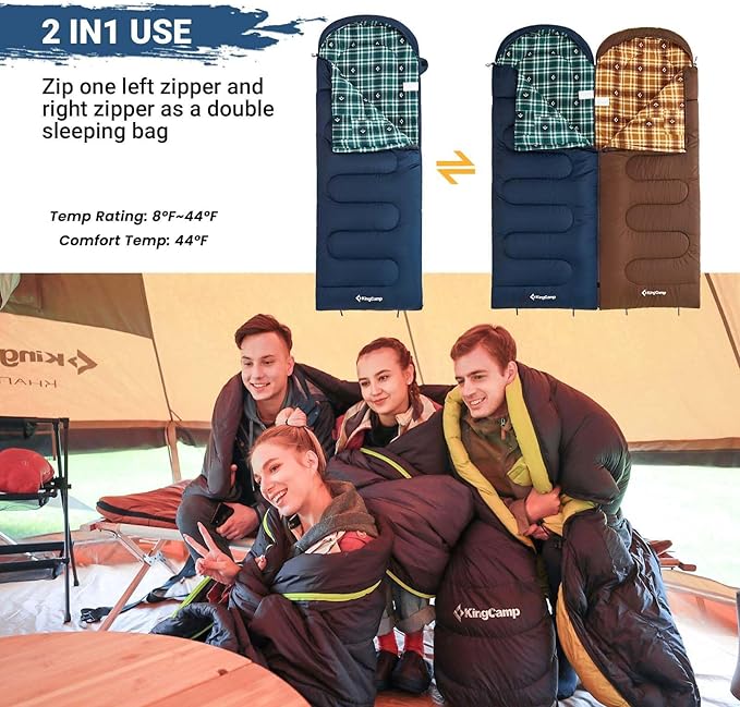KingCamp Sleeping Bag for Adults, Cold Weather & Warm XL Big and Tall Flannel Sleeping Bags with Compression Sack Portable Waterproof Essentials Gear Accessories for Outdoor Camping