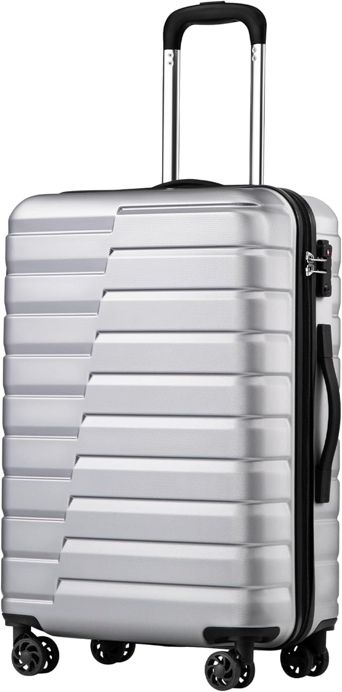 Coolife Larage Luaggage Hardside Expandable Suitcase with Spinner Wheels Checked 28-Inch（silver）