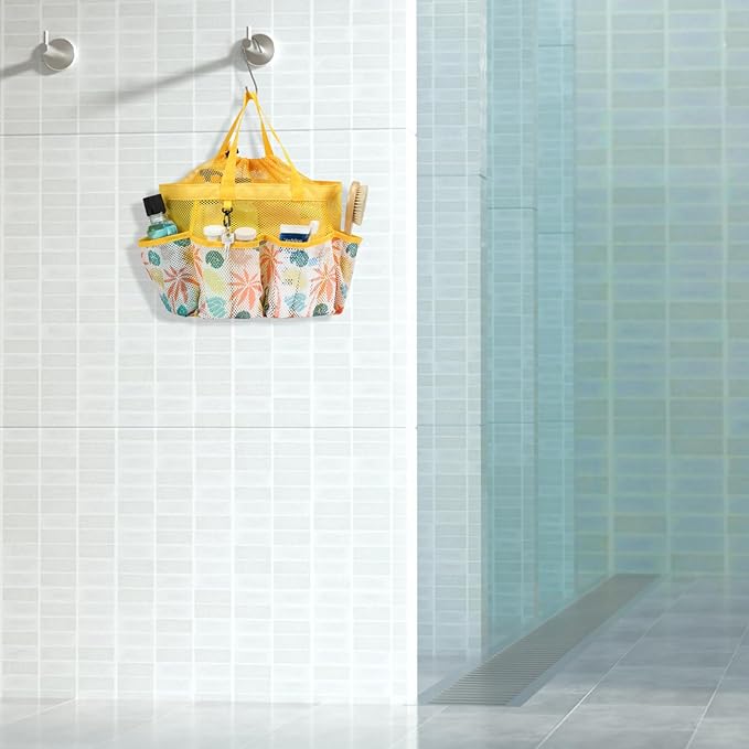F-color Mesh Shower Caddy Portable with Drawstring - Upgrade Deeper 7 Pockets Dorm Room Essentials for Guys Girls with S Hook, Shower Bag Basket Tote for College Camping Bathroom, Yellow Beach