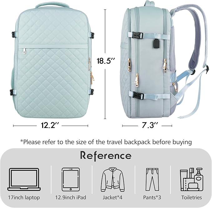 MOMUVO Large Travel Backpack Women, Flight Approved Carry On Backpack, Water Resistant Anti-Theft Large Casual Daypack Fit 17 Inch Laptop with USB Charging Port, Blue