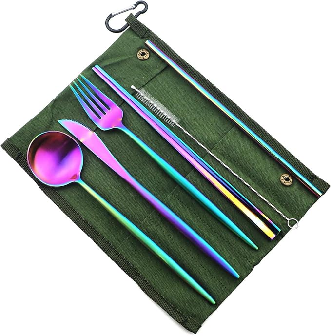 Gugrida Reusable Travel Utensils, 7 Piece Portable 304 Stainless Steel including Knife Fork Spoon Chopsticks Cleaning Brush Straws Portable Pouch, Eco-friendly Camping Silverware Set, Dishwasher Safe