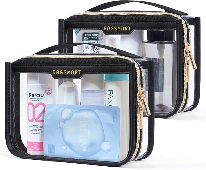 BAGSMART TSA Approved Toiletry Bag, Clear Travel Toiletry Bag, Makeup Cosmetic Pouch Bag for Women Quart Size Compliant Bag Organizer for Travel Essentials (Black Pack of 2,)