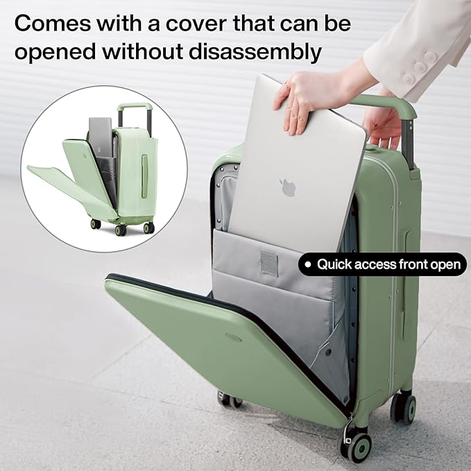 mixi Checked Luggage Wide Handle Luxury Design Rolling Travel Suitcase PC Hardside with Aluminum Frame Hollow Spinner Wheels, with Cover, 24 inch, Avocado Green