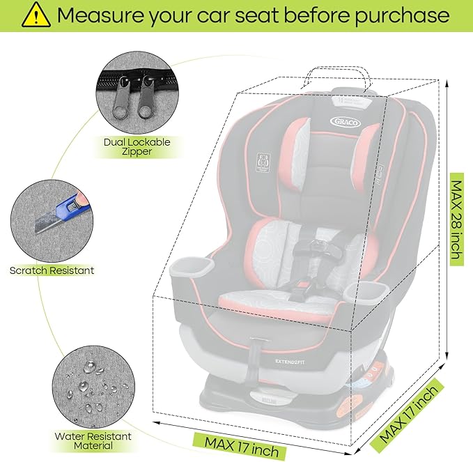 Padded Car Seat Travel Bag for Airplane, Heavy Duty Backpack for Air Travel, Water-Resistant Carrier with Shoulder Strap, Fits Most Car Seats (Grey+Black)