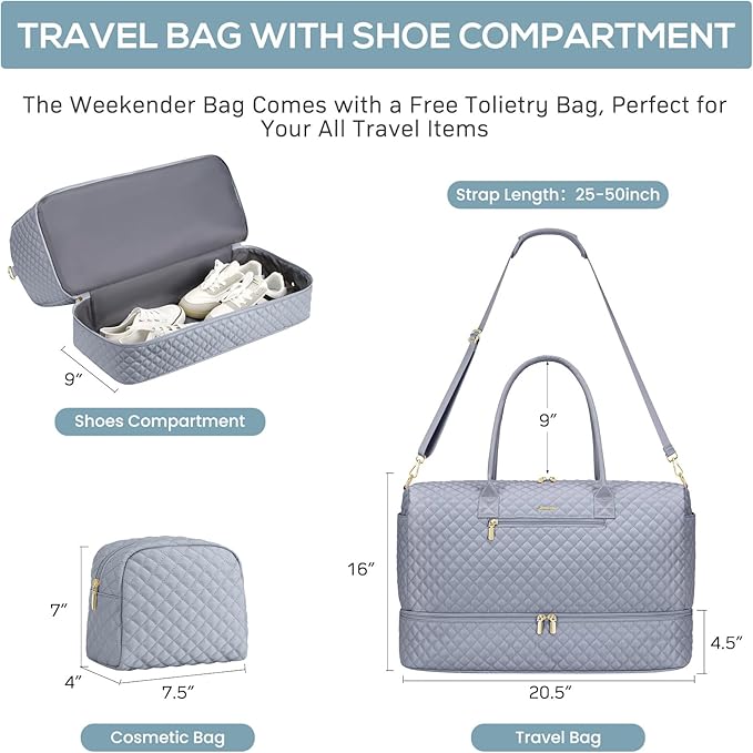 Travel Bag Weekender Bags for Women - Carry on Overnight Bag with Shoe Compartment Duffle Bag with Laptop Pocket Hospital Bag Grey